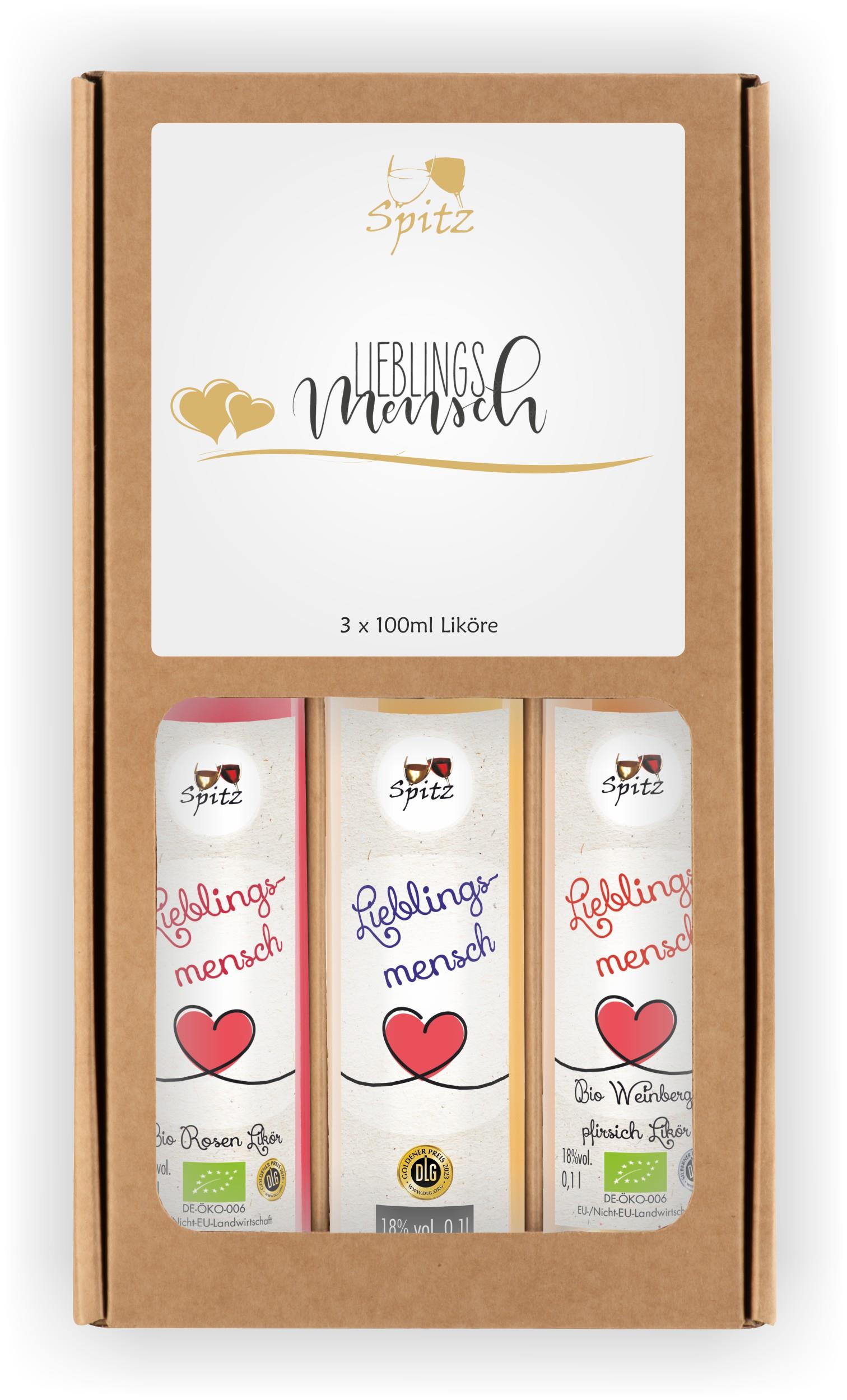 Geschenkset mit 3 x 100ml Likoere Bio Rose, Haselnuss (nicht Bio) und Bio Weinbergpfirsich)