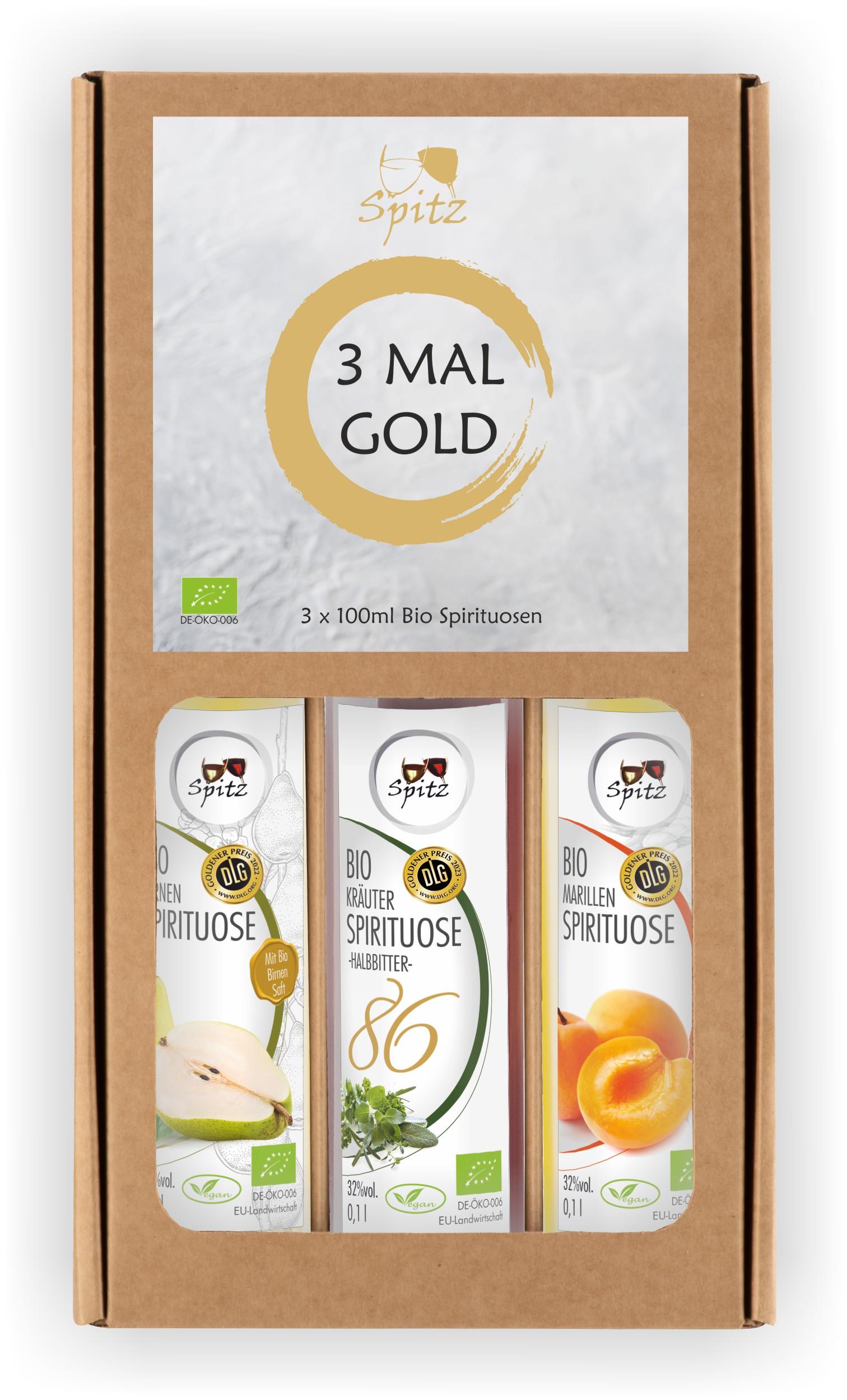 Geschenkset mit 3 x 100ml Bio Spirituosen mit DLG Gold Medaille (Krauter Birne und Marille)